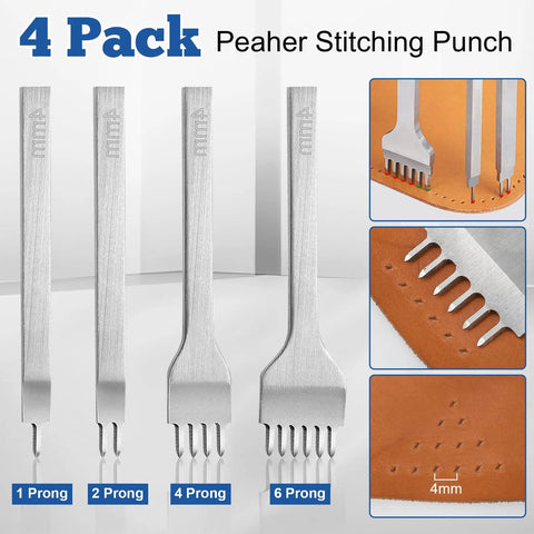 Set of four metal prong chisels for stitching leather, shown with 1/2/4/6 prongs, used for precise leather craft punching