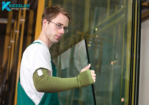 Top Shelf Kevlar Arm Sleeves With Thumb Holes Cut Scratch And Heat Resistant Long Arm Protective Guards in use while handling glass.