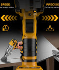 Cordless Metal Shears 20V Max Bare Tool Pro Grade For 14 Gauge Cutting in use on metal sheet with pivoting head for precision.