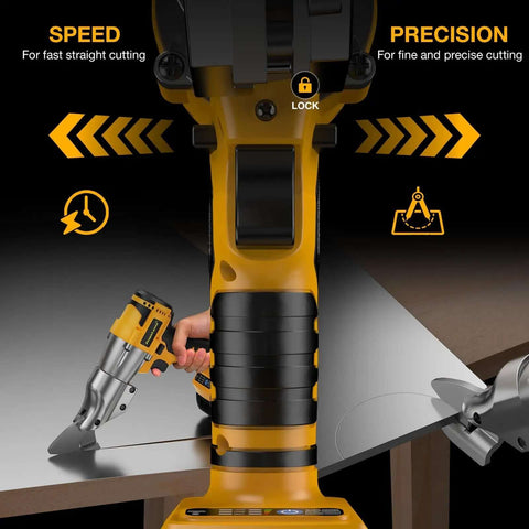 Cordless Metal Shears 20V Max Bare Tool Pro Grade For 14 Gauge Cutting in use on metal sheet with pivoting head for precision.