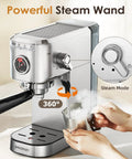 Top Tier 20 Bar Espresso Machine With Built In Milk Frother And Sleek Stainless Steel Build, showing steam wand in action.