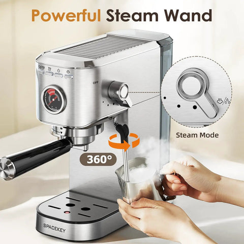 Top Tier 20 Bar Espresso Machine With Built In Milk Frother And Sleek Stainless Steel Build, showing steam wand in action.