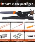 Rotary Leather Hole Punch Kit with accessories including ruler, grinding rod, screwdriver, zinc base, protective covers, instructions.