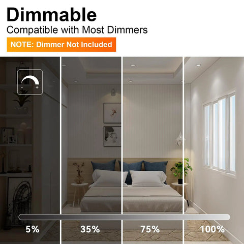 12 Pack Br30 Flood Light Bulbs For Indoor Recessed Fixtures Soft White 2700K showing dimmable settings in a cozy bedroom.