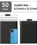 8.5x11 Inch Bubble Mailers 9x12 Outer Size Heavy Duty Black Padded Self Seal Waterproof Shipping Envelopes For Ecommerce 50 Pack Non See Through Durable 140gsm Poly Mailers with phone for scale