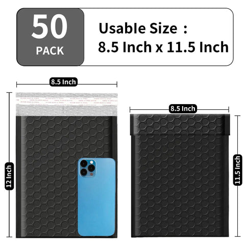 8.5x11 Inch Bubble Mailers 9x12 Outer Size Heavy Duty Black Padded Self Seal Waterproof Shipping Envelopes For Ecommerce 50 Pack Non See Through Durable 140gsm Poly Mailers with phone for scale