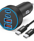 4 Port USB C Car Charger With 90W PD Fast Charging, Cigarette Lighter Adapter, includes 3ft USB C cable, high power charger shown