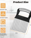 Angled view of a stainless steel multi-blade french fry cutter with a black handle, 5.5in long by 3.5in wide