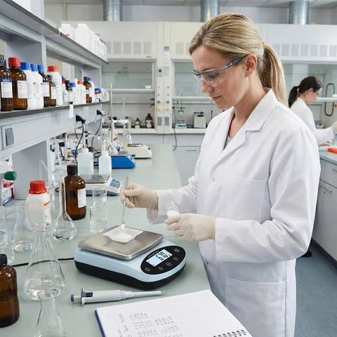 Precision Lab Scale 5000g x 0.01g Digital Balance for Laboratory and Jewelry Weighing in use by scientist in lab.