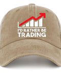 Vintage Low Profile Trucker Cap for Women with 'I'd Rather Be Trading' graph design, adjustable strap, washed cotton.
