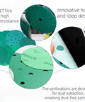 Rock Solid 5 Inch 8 Hole Zirconia Alumina Sanding Discs with Hook And Loop Adhesive for Random Orbital Sanders shown in detail.