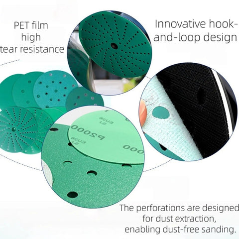 Rock Solid 5 Inch 8 Hole Zirconia Alumina Sanding Discs with Hook And Loop Adhesive for Random Orbital Sanders shown in detail.
