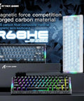 Top Shelf Compact Wired Gaming Keyboard With Hall Effect Magnetic Switches And 8Khz Polling Rate delivering RGB light effects on a carbon material body.