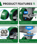 ASOMWLS 4'' caster wheels set of 4; polyurethane on cast iron, green, 2 brakes and 2 rigid, 1800 lb capacity