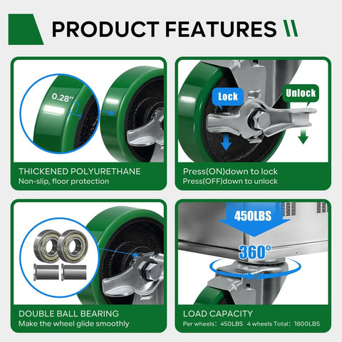 ASOMWLS 4'' caster wheels set of 4; polyurethane on cast iron, green, 2 brakes and 2 rigid, 1800 lb capacity