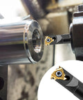 Metal lathe threading tool holder with indexable gold carbide insert; side view with close-up of the insert.