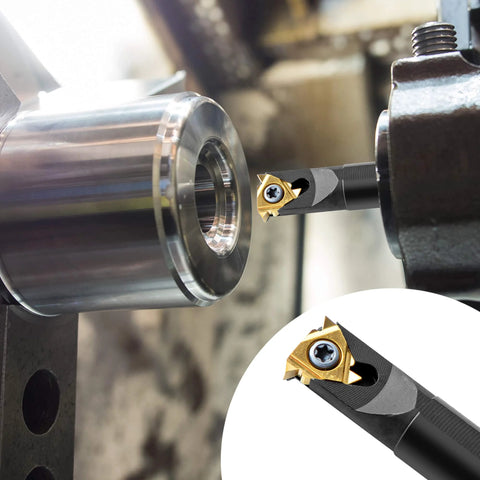 Metal lathe threading tool holder with indexable gold carbide insert; side view with close-up of the insert.