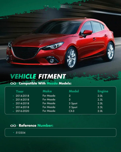 Red Mazda 3 vehicle compatibility chart showing fitment details for 2014-2020 models.
