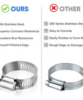 Front view of two stainless steel worm-gear hose clamps (1/4–1-1/8 in); left 304 with smooth edge, right rough-edged.