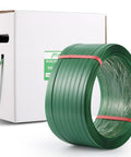 Real Deal 5/8 By 1049 Feet Polyester Pet Strapping Roll with green tape in a box for heavy duty packaging and bundling.