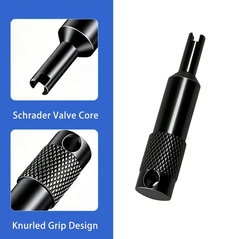 Black valve core remover with knurled grip from All-In-One Motorcycle Tire Changing Tool Kit With Bead Holders, Rim Protectors, And Valve Core Remover For Dirt Bikes, ATVs, Quads, And Motocross, Pro Grade Third-Hand Bead Tool For Fast Frustration-Free Wheel Installations.