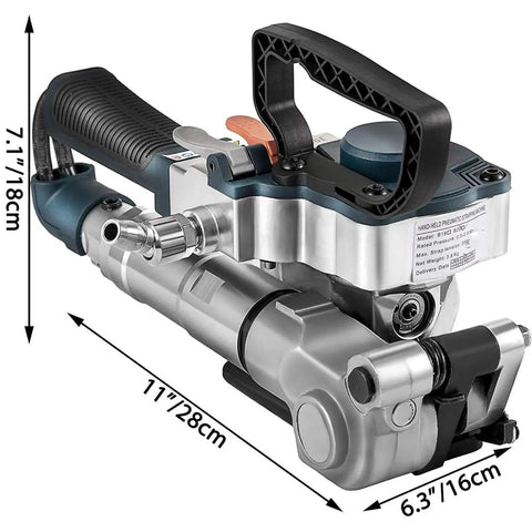 Pneumatic Strapping Tool, Handheld Automatic Packaging Machine With Massive Pulling Force, 7.1 x 11 x 6.3 inches, aluminum body design.