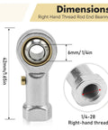 Four Pack PHSB4 Steel Rod End Bearings With 1/4 Inch Bore And 1/4-28 Right Hand Female Thread, detailed dimension view.