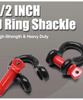 Rugged Half Inch D Ring Shackles With Screw Pin Zinc Plated Rustproof Build 2 Pack Of Heavy Duty Towing Hardware, black and red design.