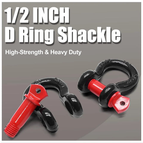 Rugged Half Inch D Ring Shackles With Screw Pin Zinc Plated Rustproof Build 2 Pack Of Heavy Duty Towing Hardware, black and red design.