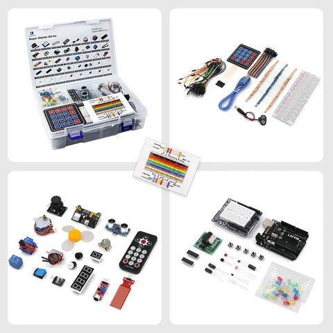 Noob Friendly Arduino Starter Kit For R3 Mega2560 Mega328 Nano With Step By Step Tutorial shown with components in plastic box