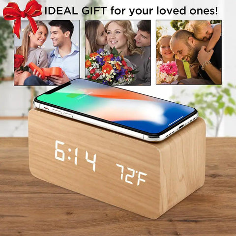 Dope Wooden Digital Alarm Clock With Qi Wireless Charging Pad For iPhone Samsung Featuring Smart Clap Activated Wake Light Plus Room Temperature Tracker on nightstand with phone.