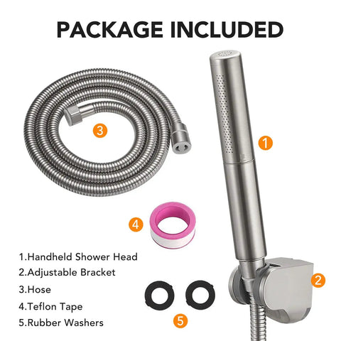 Package of Beefy Brass 2 In 1 Function Handheld Shower Head Set With High Pressure 7 Inch Shower Head, hose, bracket, washers, tape.