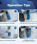 Operation tips for using 2 Inch Diamond Core Drill Bit Laser Welded Hole Saw With Five Eighths Eleven Thread For Granite Marble Hard Stone Reinforced Concrete Dry Or Wet Drilling 50mm Length shown in four steps.
