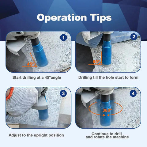 Operation tips for using 2 Inch Diamond Core Drill Bit Laser Welded Hole Saw With Five Eighths Eleven Thread For Granite Marble Hard Stone Reinforced Concrete Dry Or Wet Drilling 50mm Length shown in four steps.