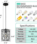 Modern Mini Crystal Pendant Light With Metal Cage 1 Light Rectangular Pendant Fixture In Brushed Nickel Finish For Kitchen Island Or Sink Countertop Dining Room Farmhouse Style featuring specifications chart, bulb recommendations, and black metal cage with K9 crystal accents.