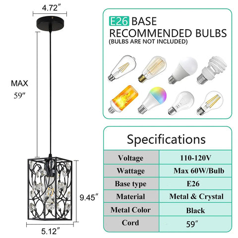 Modern Mini Crystal Pendant Light With Metal Cage 1 Light Rectangular Pendant Fixture In Brushed Nickel Finish For Kitchen Island Or Sink Countertop Dining Room Farmhouse Style featuring specifications chart, bulb recommendations, and black metal cage with K9 crystal accents.
