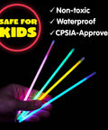 100 Piece Bulk Glow Stick Party Stack Featuring 8 Inch Neon Light Up Necklaces, Dope Flexing Armbands With Secure Snap Clips, Hella Bright Halloween Rave Gear For Your Night Out Squad in hand with bright colors.
