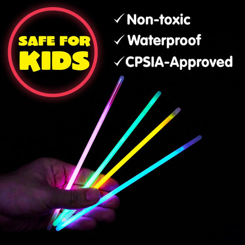 100 Piece Bulk Glow Stick Party Stack Featuring 8 Inch Neon Light Up Necklaces, Dope Flexing Armbands With Secure Snap Clips, Hella Bright Halloween Rave Gear For Your Night Out Squad in hand with bright colors.