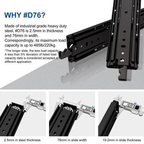 60 Inch Beefy Ultra Heavy Duty Drawer Slide With Lock D76 3 Inch Widening Black Electroplated Cold Rolled Steel Industrial Grade Heavy Load Capacity 3 Fold Full Extension Side Mount Pair with caliper measurements.