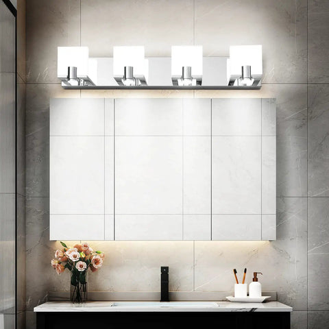 4 Light Sleek Modern Chrome LED Vanity Light Bar For Bathroom Wall Mount above mirror, dimmable white acrylic shade