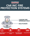 High Grade Chrome Fire Sprinkler Head With Horizontal Upright Spray And Polished Escutcheon Cover Half Inch NPT Connection Automatic Activation, showing components and details.