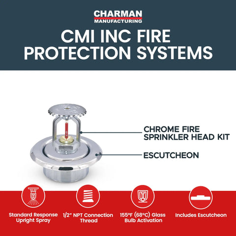 High Grade Chrome Fire Sprinkler Head With Horizontal Upright Spray And Polished Escutcheon Cover Half Inch NPT Connection Automatic Activation, showing components and details.