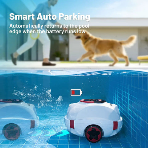 Cordless Robotic Pool Cleaner With 100-Minute Runtime, Dual Suction Ports, in pool, dog and person in background, auto-parking feature.