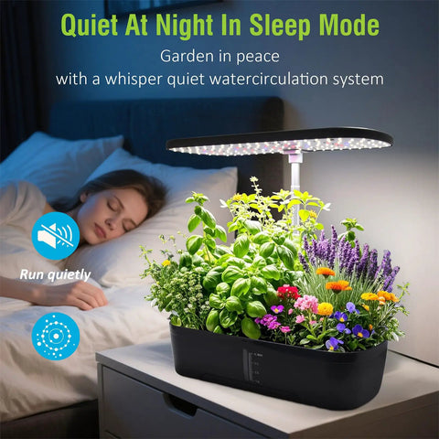 Indoor Hydroponics Garden System With 52 Pods, Smart Led Grow Light near sleeping woman, quiet pump night mode in bedroom