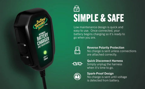 12V Smart Battery Charger And Maintainer For Powersports Riders visible, with green background and LED indicator, showcasing compact design.