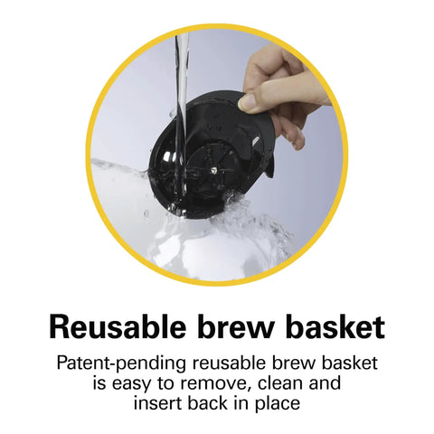 Reusable brew basket being rinsed, part of Compact 1 Cup Coffee Maker For Office Use, Single Serve Pod Brewer With 3 Minute Brew Time, Auto Shutoff