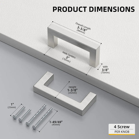 Dimensions of 40 Pack 3 Inch Brushed Nickel Cabinet Pulls Square Drawer Handles for Kitchen Cabinets Cupboards and Dresser