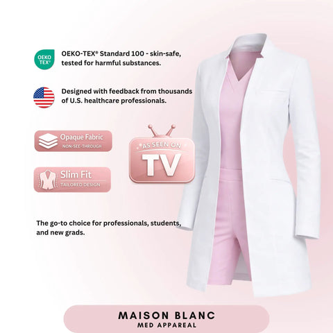 Womens Slim Fit Premium Lab Coat For Real Shifts With Tailored Princess Seams Contouring Darts Notched V Neck 33 Inch Length