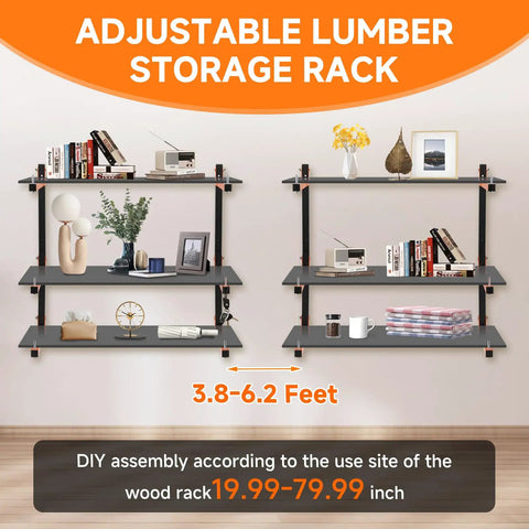 Adjustable Lumber Storage Rack showcased with decorative items, 3.8-6.2 feet adjustable size for versatile use indoors or outdoors.