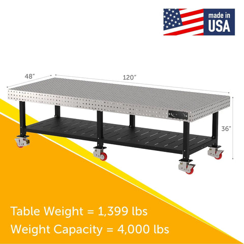 Tough As Nails Mobile Welding Fixture Table 120 X 48 X 36 Inches heavy duty steel workbench with laser cut grid and locking casters.